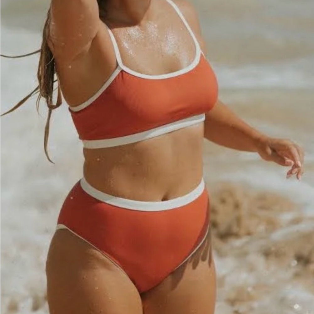 High-Waist Two-Piece Bikini in Coral with White Trim